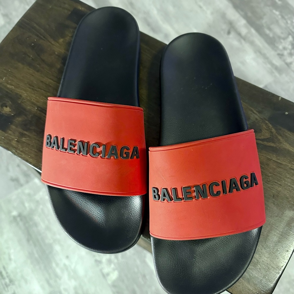 New Authentic Balenciaga Big Logo Men Solar Slides Slip On Red Black US 12